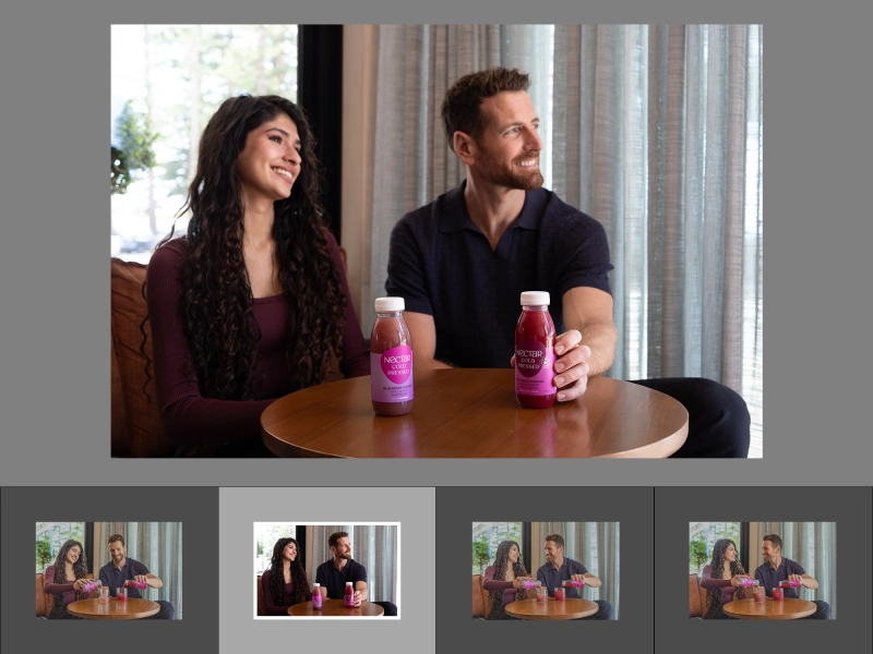 Before batch editing indoor lifestyle photo of nectar beverage with bright background, strong shadows, and reduced detail on bottles and models.jpg Before batch editing indoor lifestyle photo of nectar beverage with bright background, strong shadows, and reduced detail on bottles and models.jpg