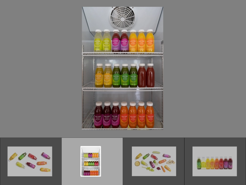 Before batch editing image of open fridge filled with nectar bottles, dim lighting, reflections, visible noise on labels, inconsistent packaging, and background distractions.jpg Before batch editing image of open fridge filled with nectar bottles, dim lighting, reflections, visible noise on labels, inconsistent packaging, and background distractions.jpg