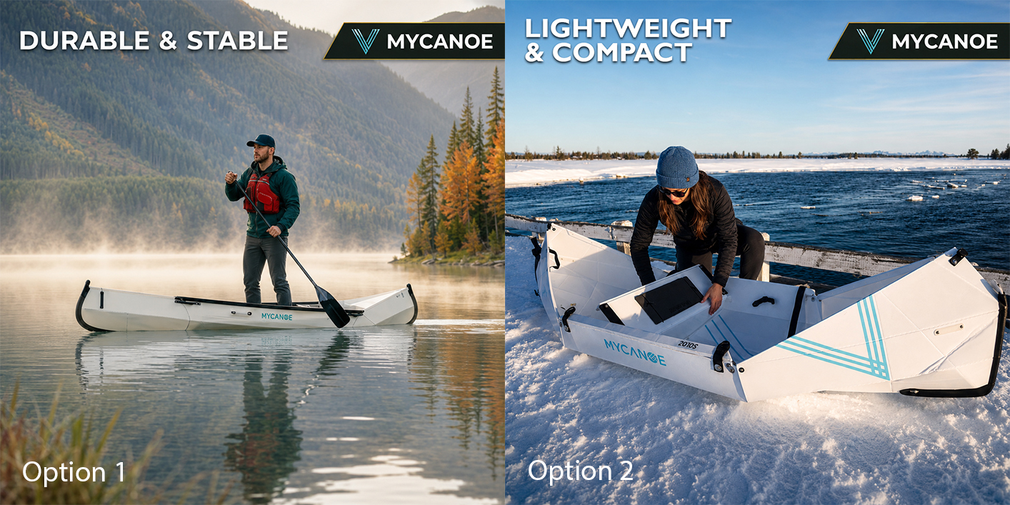 Amazon secondary image mockup examples &mdash; MyCanoe Durable and Stable lifestyle shot and Lightweight and Compact feature image for ecommerce listing