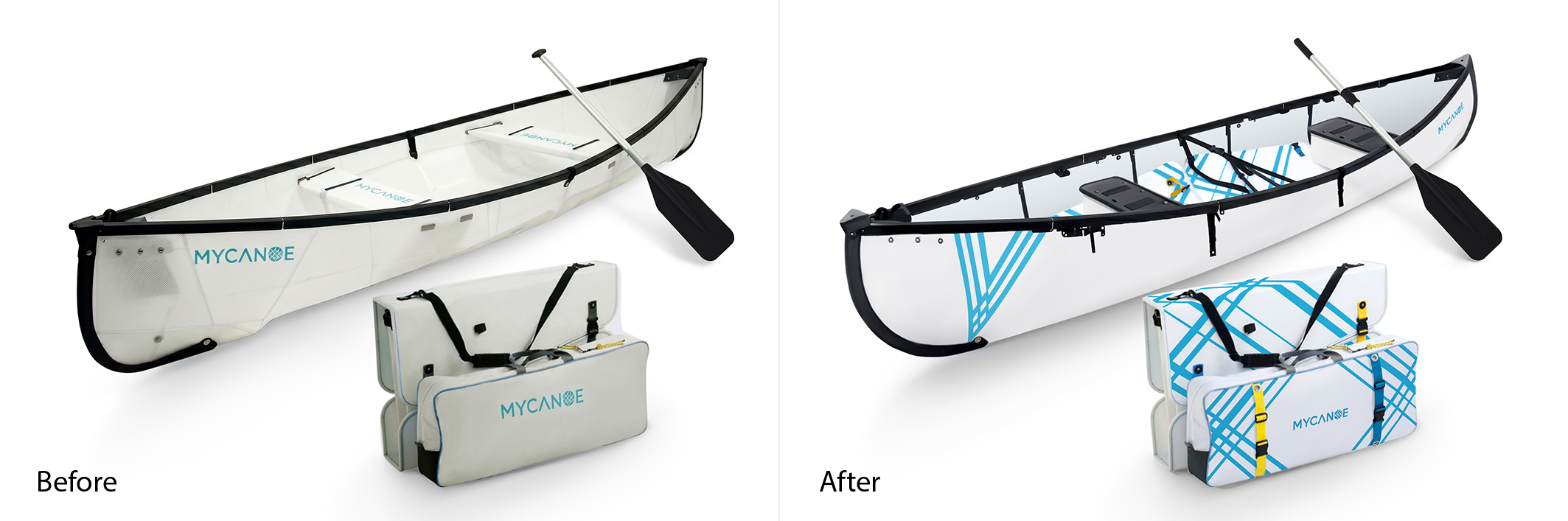 Amazon main image mockup before and after &mdash; MyCanoe Solo canoe updated to Duo version with new artwork on Amazon-compliant pure white background