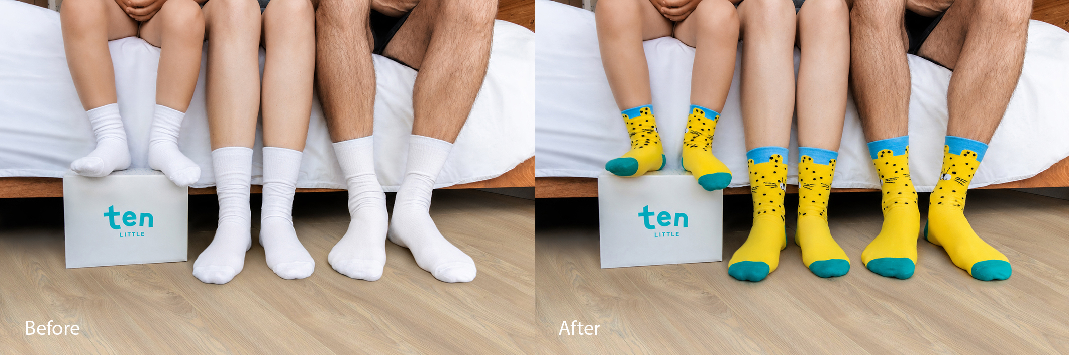 Before and after apparel mockup design &mdash; plain white socks on real feet with new leopard print pattern applied to existing photo