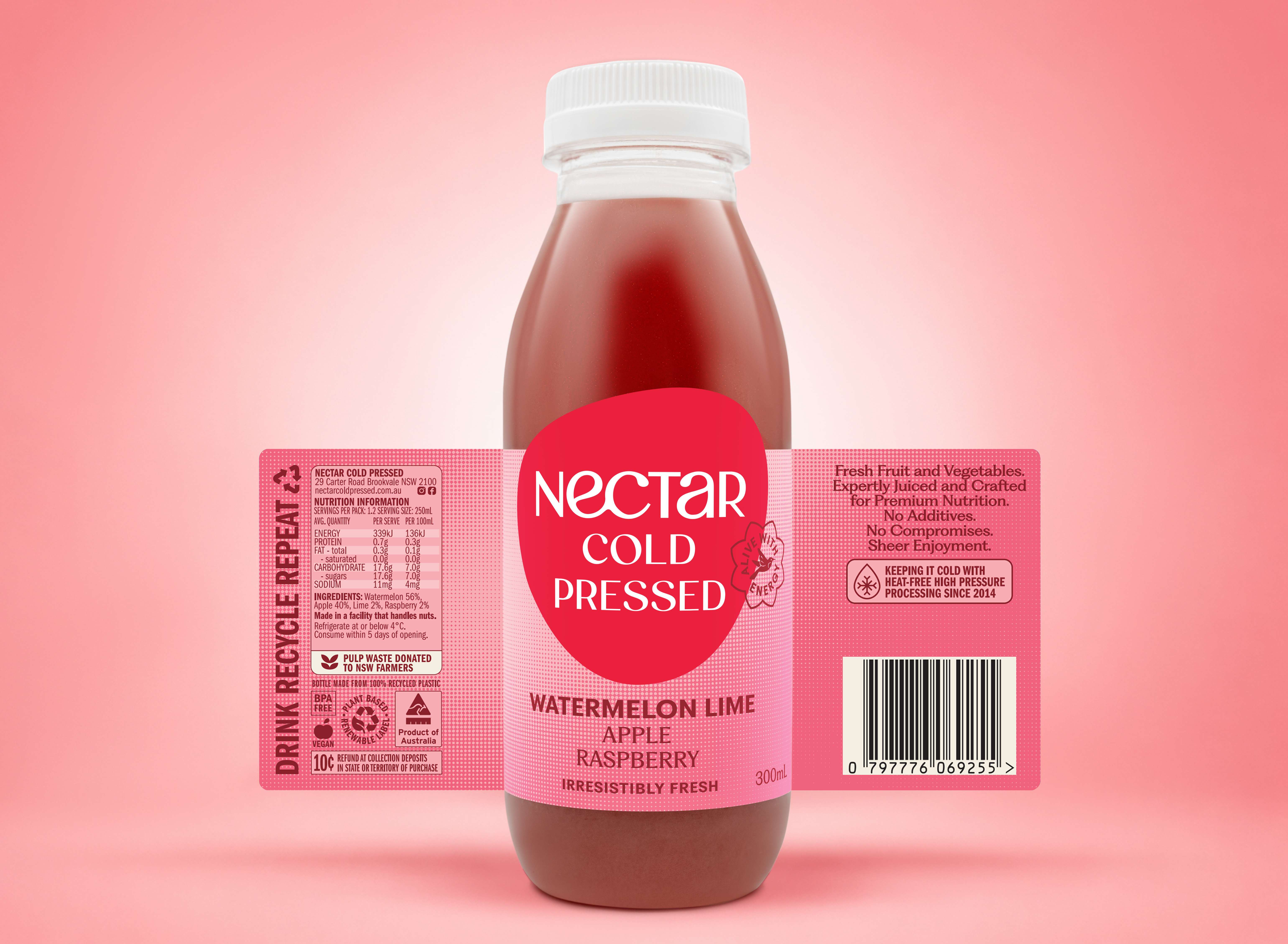 Beverage label mockup &mdash; Nectar Cold Pressed bottle with print-ready label fitted and curved to follow the bottle's real lighting and reflections