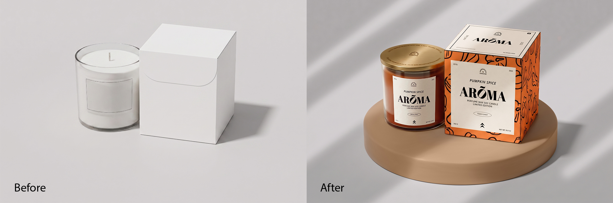 Before and after candle packaging mockup &mdash; plain glass candle and blank box transformed into branded Pumpkin Spice Arōma product scene