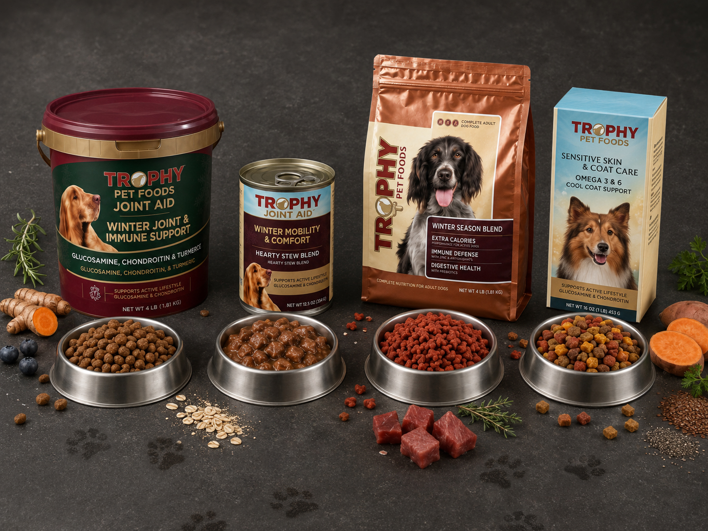 CPG multi-SKU packaging mockup &mdash; Trophy Pet Foods full Winter product range with consistent styling across tub, can, bag, and box formats