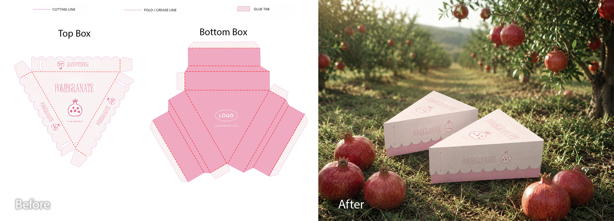 Before and after food packaging mockup &mdash; flat dieline template turned into 3D box placed in a sunlit pomegranate orchard lifestyle scene