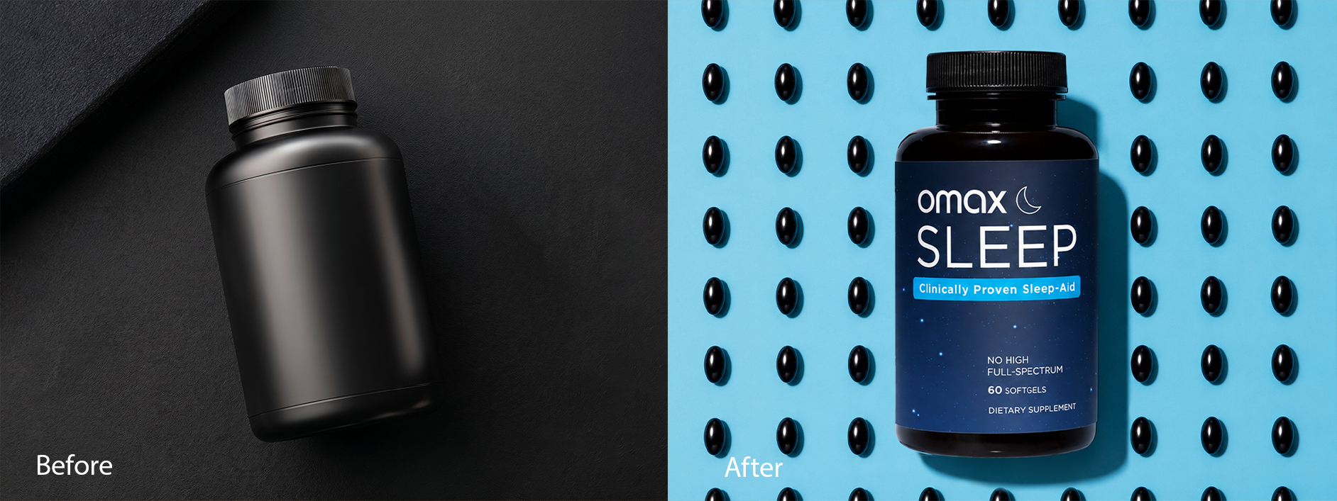 Before and after supplement bottle mockup &mdash; plain dark bottle transformed into branded Omax Sleep scene on midnight-blue background with softgels scattered around it