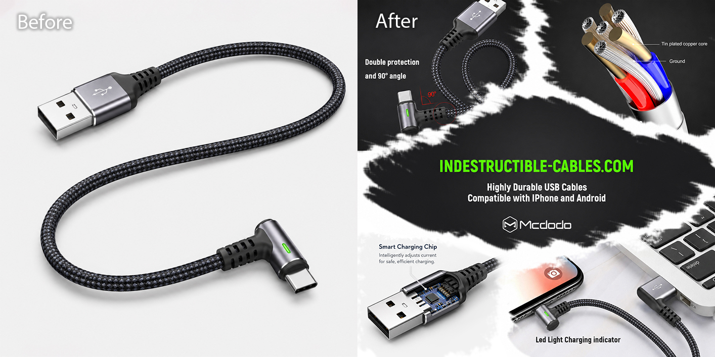 Before and after product mockup for Amazon listing &mdash; USB charging cable standalone shot transformed into a full marketing composite with feature callouts