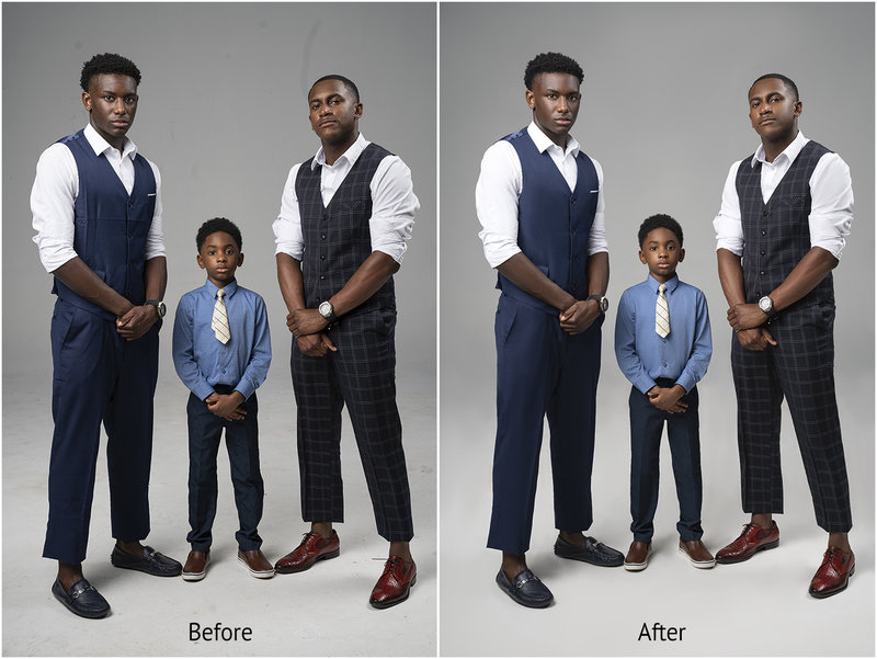 Before and after high-end male portrait retouching with refined skin tones balanced color and clean studio background for professional editorial finish