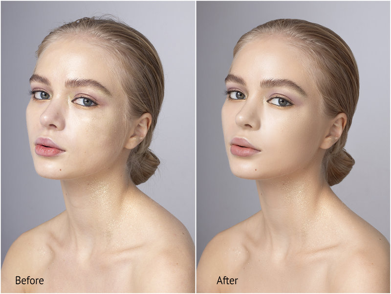 Before and after professional beauty portrait retouching with high-end skin refinement