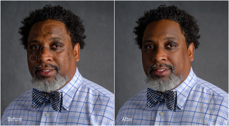 Before and after business headshot retouching with natural skin tone correction refined lighting balanced contrast and polished corporate portrait presentation