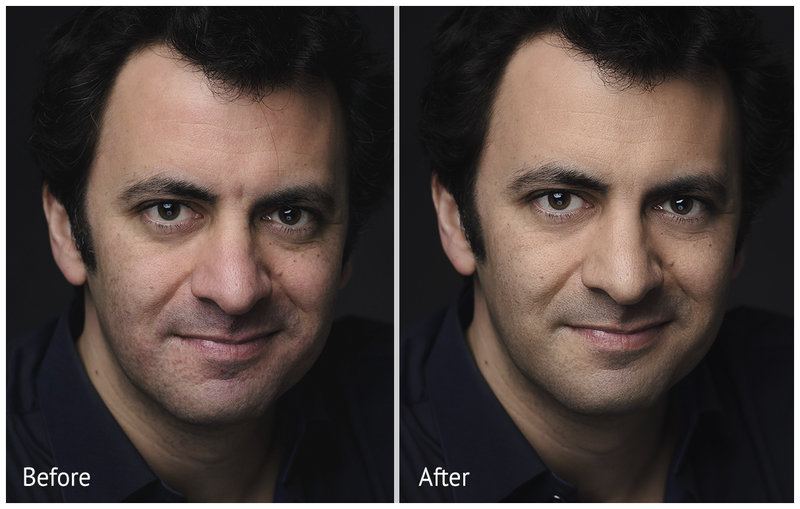 Before and after personal branding headshot retouching with natural skin refinement balanced tones and clean professional portrait enhancement for online presence