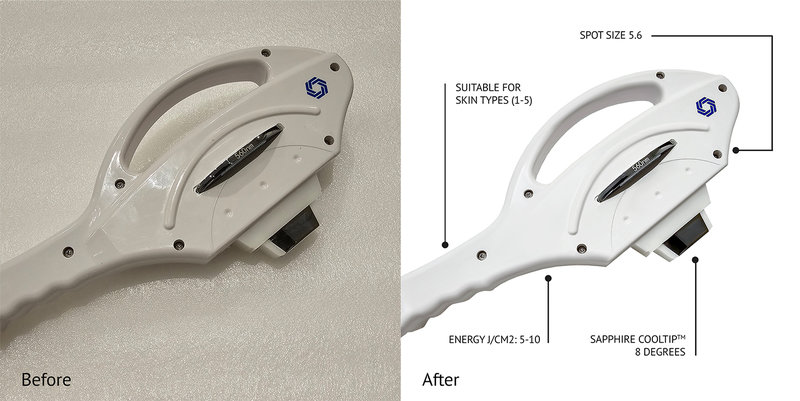 Before and after beauty device product retouching with refined surface details clean background correction enhanced sharpness and professional ecommerce presentation