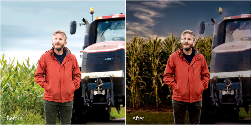 Before and after commercial product retouching for agricultural brand campaign with sky replacement environmental cleanup color grading and advanced advertising compositing