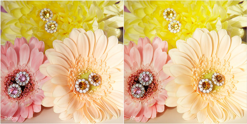 Before and after jewelry product retouching with metal surface polishing gemstone clarity enhancement and high-end ecommerce product photography finish