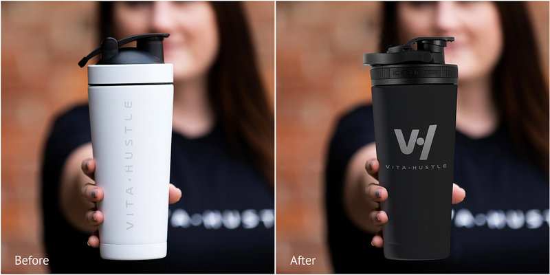 Before and after ecommerce product retouching of branded bottle with improved material definition sharper branding optimized contrast and high-conversion product presentation