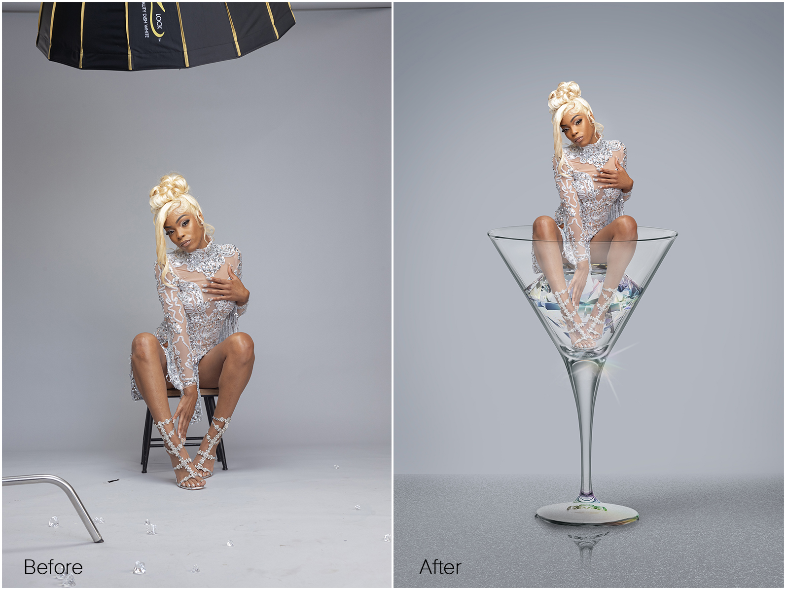 Before and after advertising photo compositing transforming studio portrait into creative marketing visual with model inside cocktail glass using advanced Photoshop compositing and lighting refinement