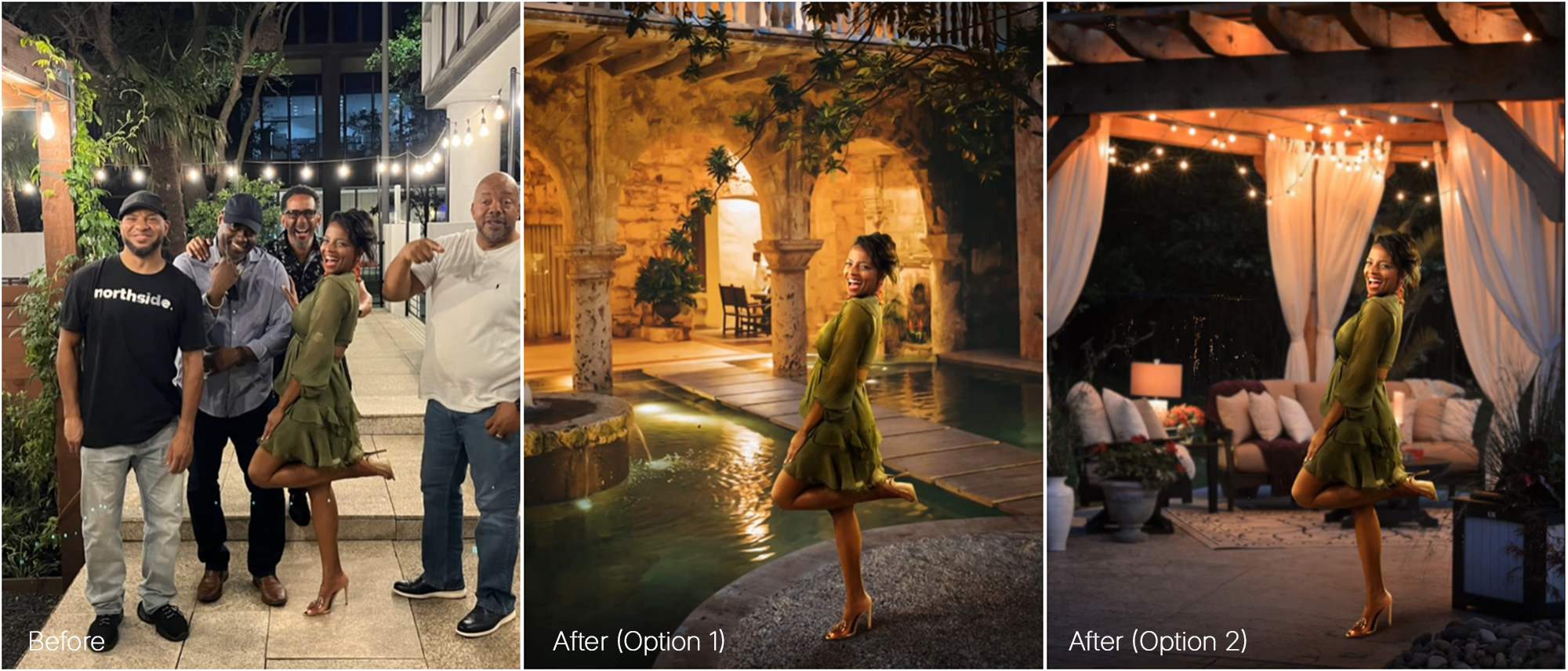 Before and after creative photo manipulation transforming group portrait into nighttime restaurant and lounge environments with advanced compositing lighting balance and perspective correction