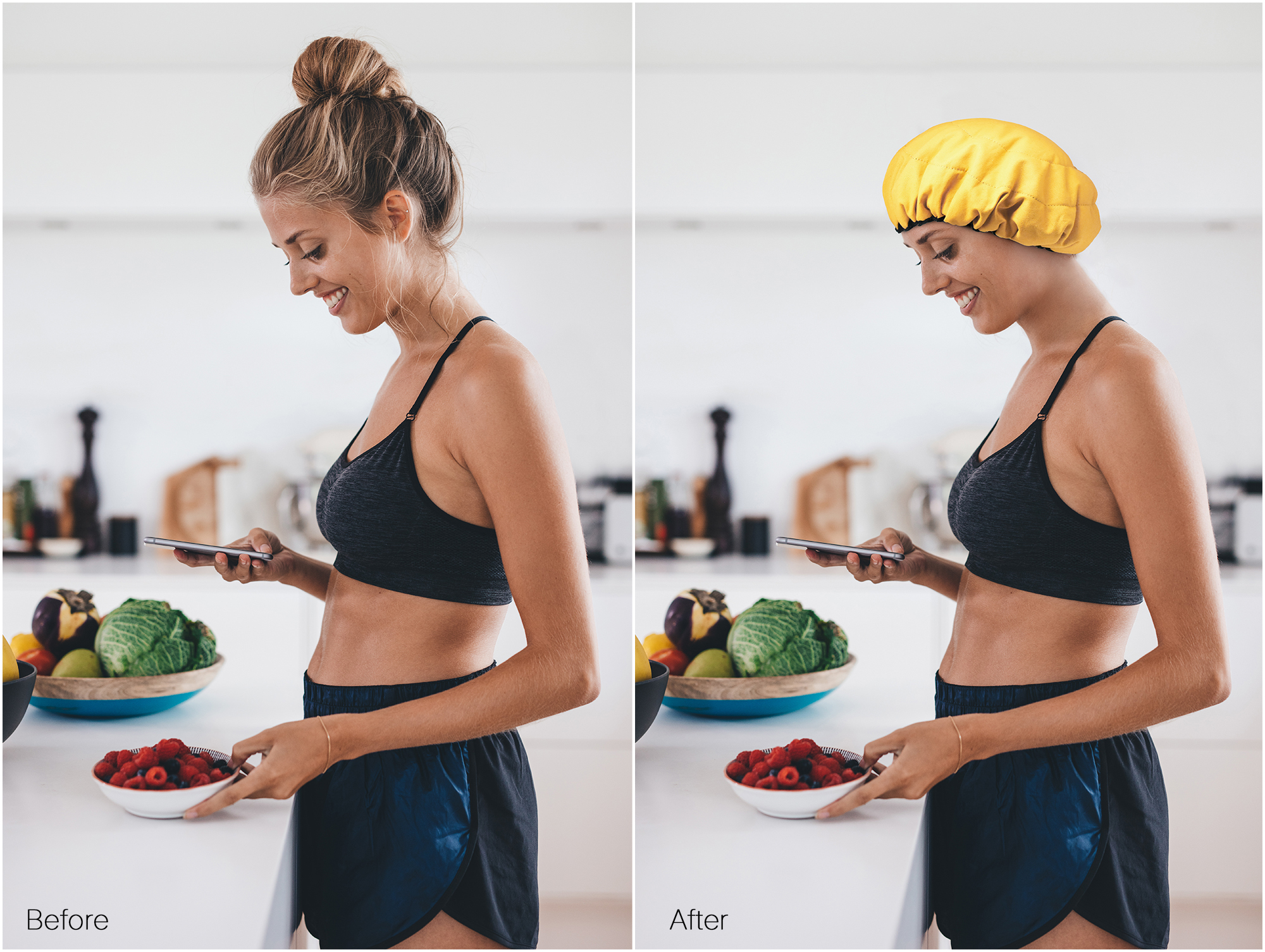 Before and after fashion photo compositing integrating apparel product onto model with realistic lighting color matching and seamless blending for lifestyle marketing imagery