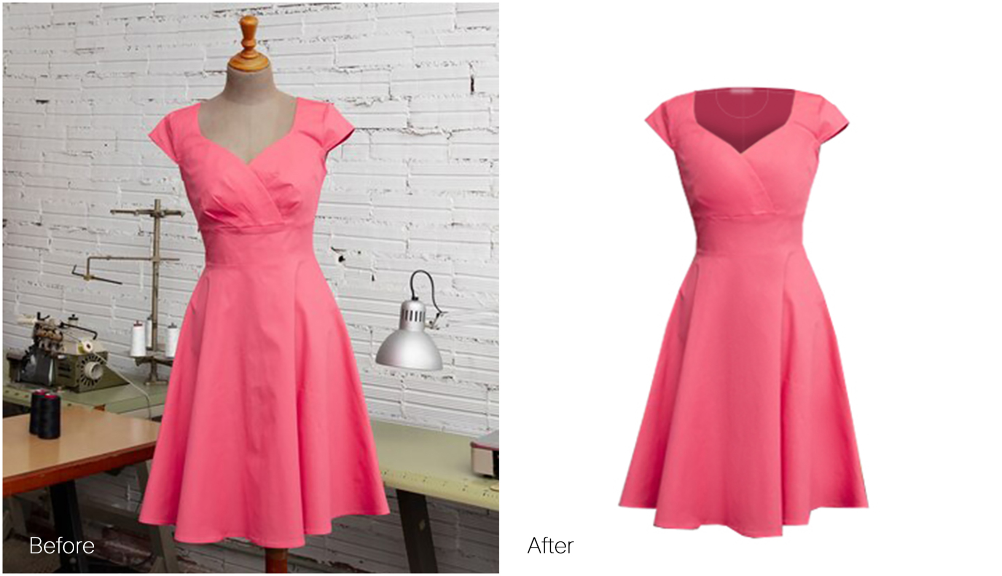 Before and after ghost mannequin editing removing mannequin from clothing photo with clean background and reconstructed garment shape for professional e-commerce presentation