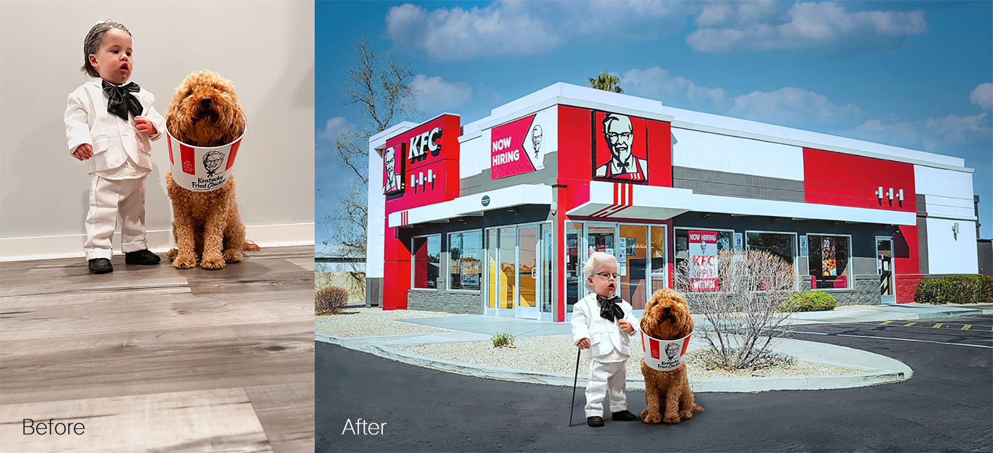 Before and after photo compositing and image manipulation transforming indoor portrait of child and dog into outdoor restaurant scene with realistic lighting and perspective matching