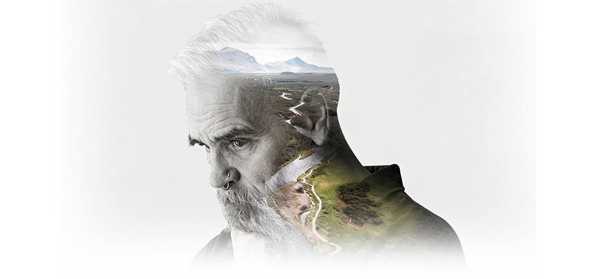 Before and after photo manipulation and Photoshop compositing with double exposure effect blending portrait and landscape into creative advertising visual