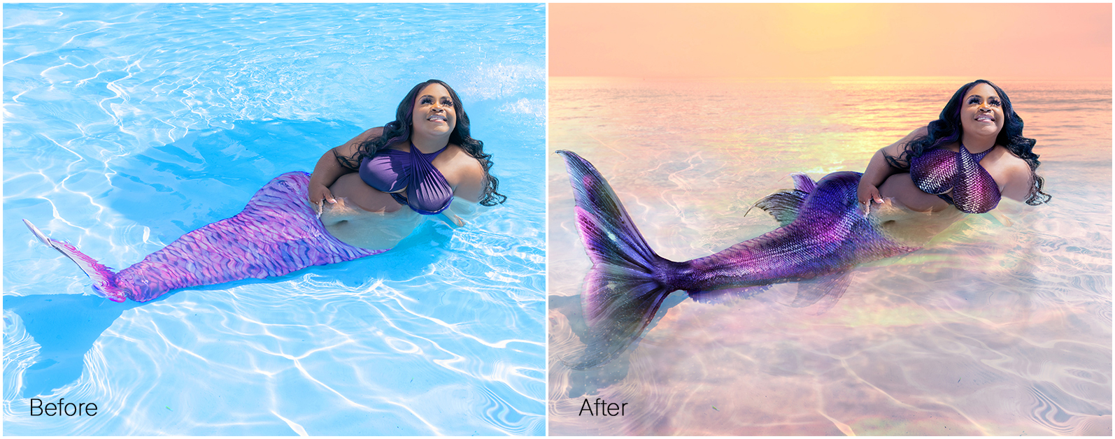 Before and after surreal photo manipulation and Photoshop compositing transforming pool portrait into fantasy mermaid scene with ocean environment lighting effects and realistic blending