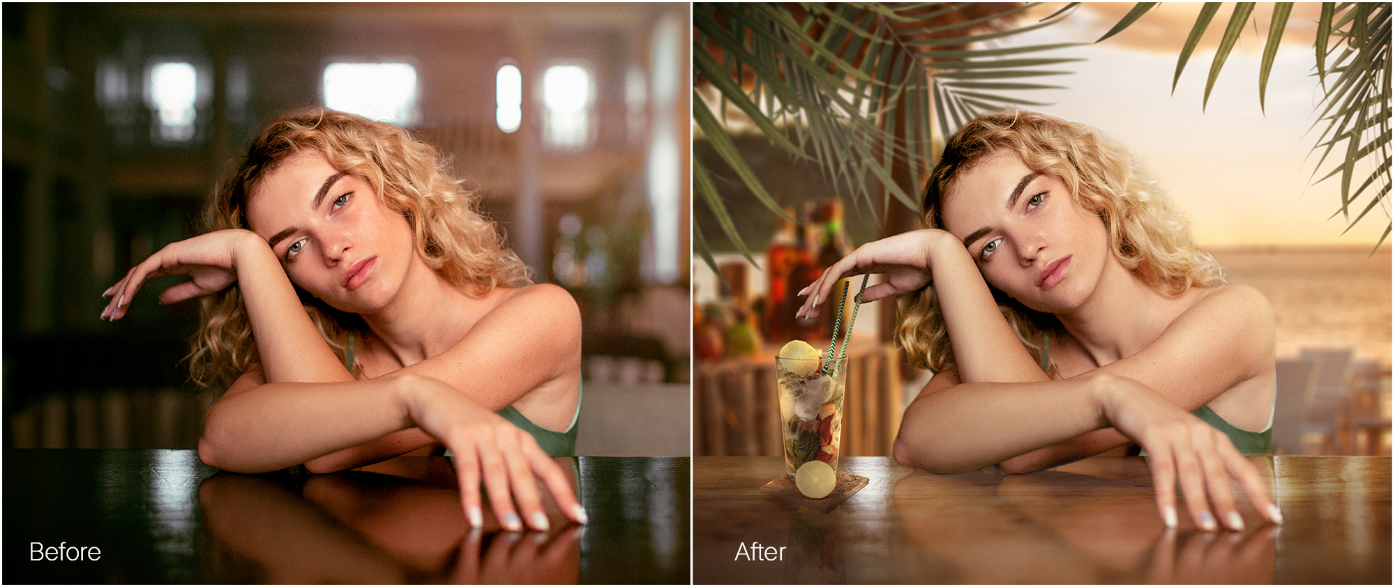 Before and after artistic editorial photo retouching with color grading and lighting transforming indoor portrait into warm beach scene