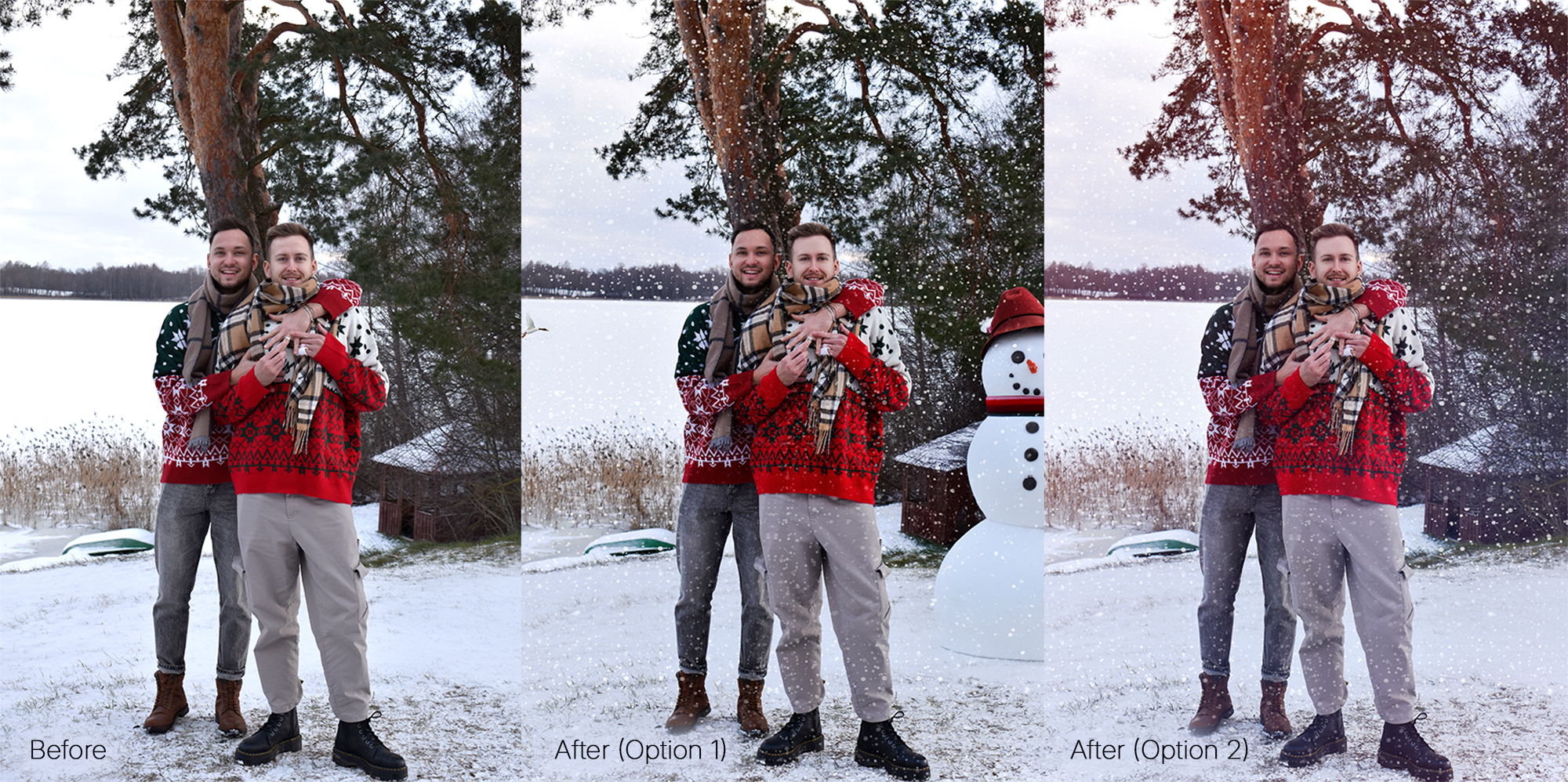 Before and after editorial photo retouching with color grading and mood development transforming outdoor portrait into warm winter scene with snowfall effects and balanced tonal lighting