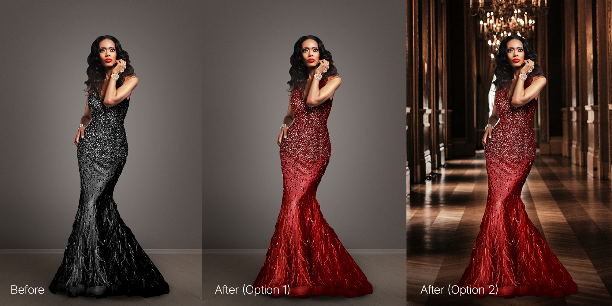 Before and after fine art editorial photo retouching transforming studio portrait into magazine-style fashion scene with architectural background color grading and tonal refinement