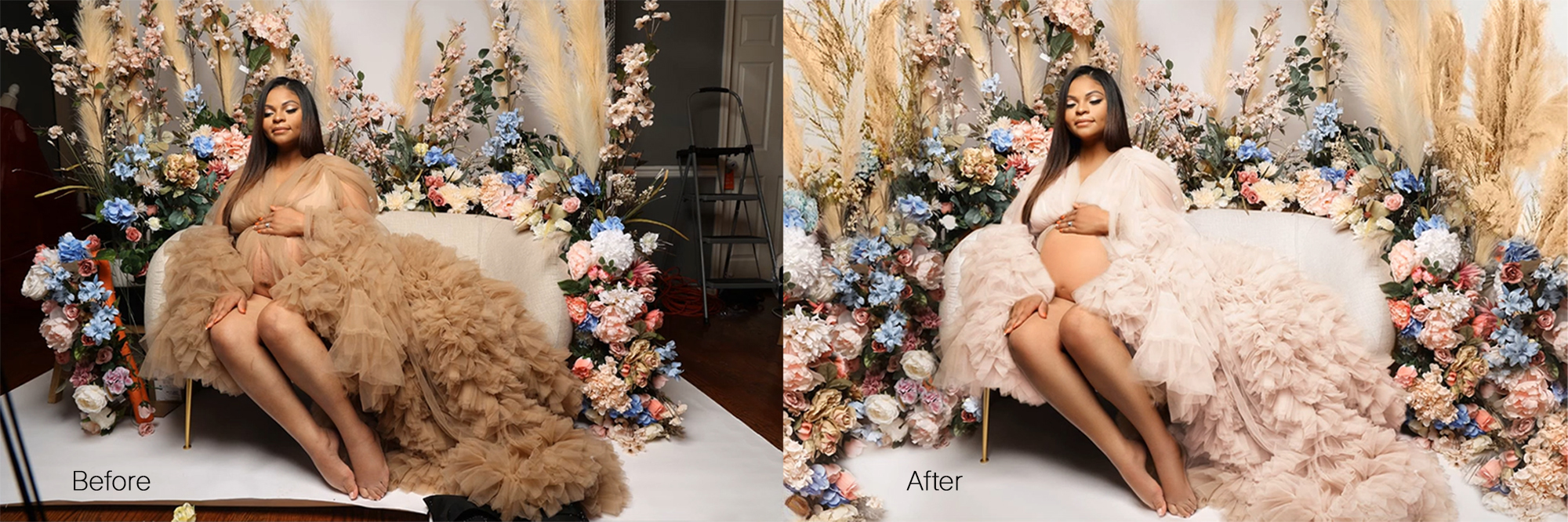 Before and after maternity fashion editorial retouching with gown recoloring refined fabric details and harmonized floral styling