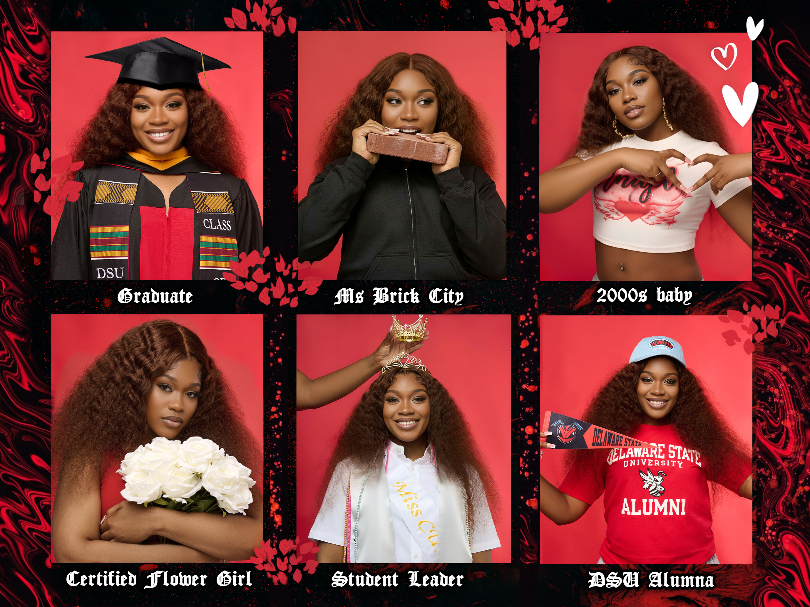 Before and after graduate photo collage design showcasing personal journey with multiple portraits professional retouching and cohesive storytelling composition